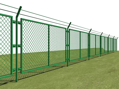Green Metal Diamond Mesh Fence With Gate On Green Grass Field 3d model