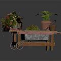 Wooden Garden Cart Loaded with Mixed Flowers Potted Plants and Green Foliage