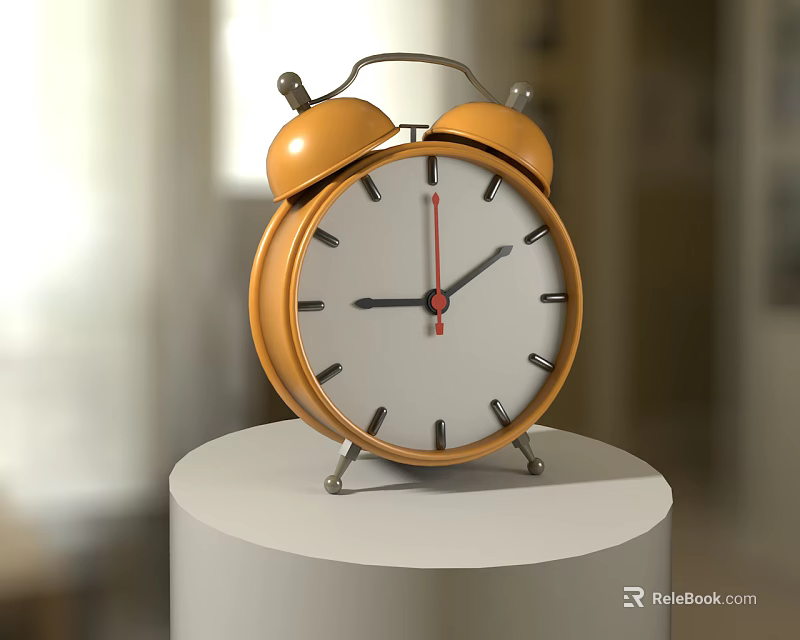 Orange Double Bell Alarm Clock On White Circular Stand Indoor Setting 3d model 