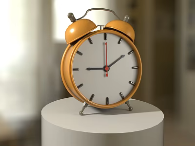 Orange Double Bell Alarm Clock On White Circular Stand Indoor Setting 3d model