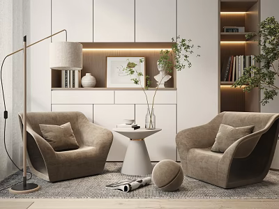 Cozy Casual Sofa Set Featuring Beige Curved Sofas White Round Table and Floor Lamp 3d model