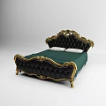 Elegant Black Double Bed With Gold Ornate Carvings Diamond Tufted Headboard And Green Bed Sheet