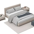 Modern Double Bed with Light Headboard Gray Pillows Navy Blankets Nightstands and Ottoman