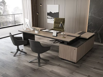 Modern Executive Office Desk With Computer Monitor Desk Lamp And Chairs In Contemporary Workspace 3d model