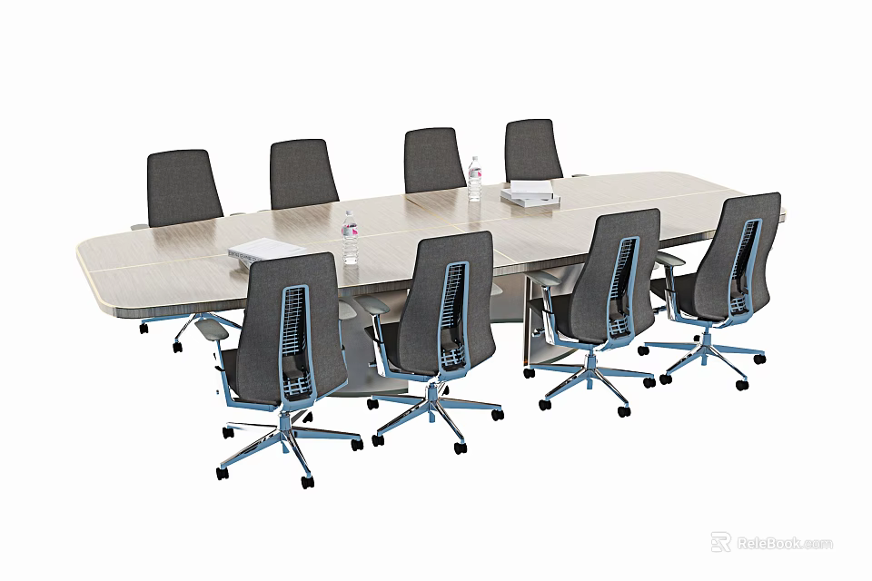 Modern Rectangular Conference Table With Black Chairs Water Bottles And Notebooks 3d model 