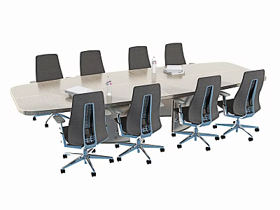 Modern Rectangular Conference Table With Black Chairs Water Bottles And Notebooks 3d model