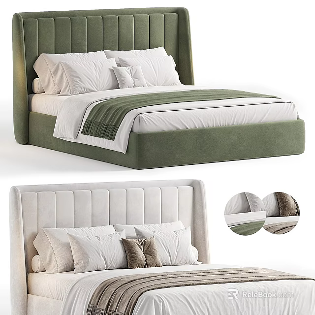 Double Bed With Tufted Headboard Green White Bedding And Soft Pillows 3d model