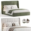 Double Bed With Tufted Headboard Green White Bedding And Soft Pillows 3d model
