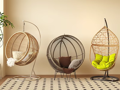 Three Stylish Rattan Hanging Chairs With Different Designs And Colorful Cushions In Indoor Living Space 3d model