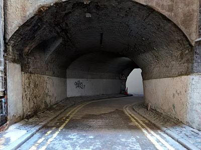 Old Road Tunnel With Arched Ceiling Graffiti Walls And Double Yellow Lines 3d model