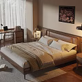 Cozy Modern Bedroom Interior With Wooden Bed Round Nightstand And Area Rug