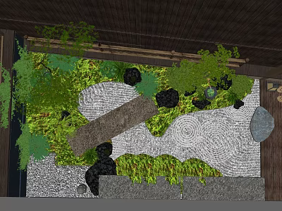 Serene Garden Landscape With Bamboo Roof Lush Green Plants Mossy Stones And Winding Path 3d model