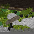 Serene Garden Landscape With Bamboo Roof Lush Green Plants Mossy Stones And Winding Path