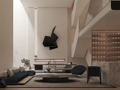 Modern Basement Interior With Staircase Sofa Coffee Table And Art Sculpture 3d model
