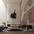 Modern Basement Interior With Staircase Sofa Coffee Table And Art Sculpture