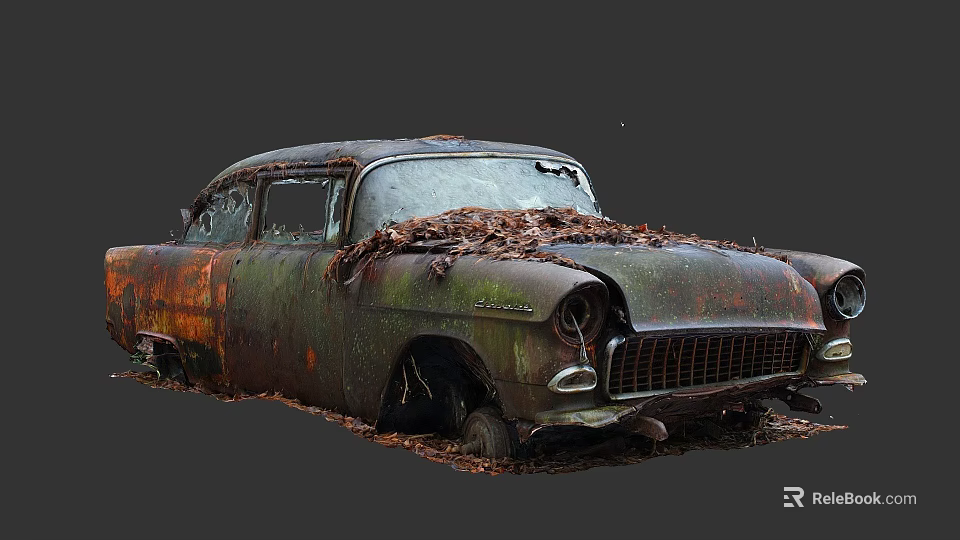 Rusty Old Abandoned Car Covered With Fallen Leaves And Moss 3d model 