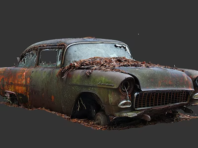 Rusty Old Abandoned Car Covered With Fallen Leaves And Moss 3d model