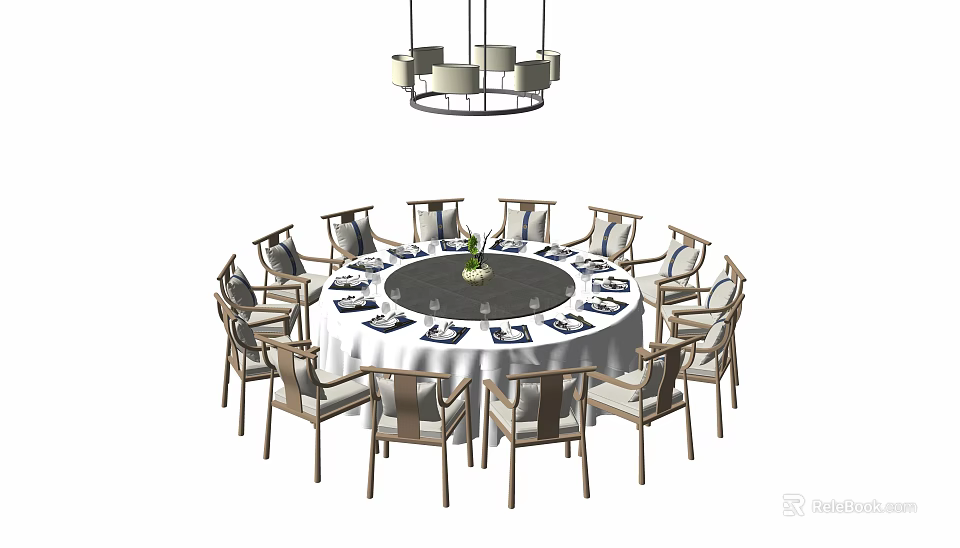 Elegant Round Dining Table Set with Matching Chairs Tablecloth Tableware and Hanging Chandelier 3d model