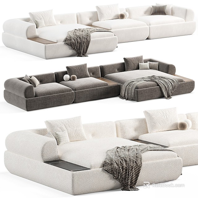 Modern Sectional Sofa Design With Soft Pillows And Cozy Throw Blanket In Neutral Tones 3d model 