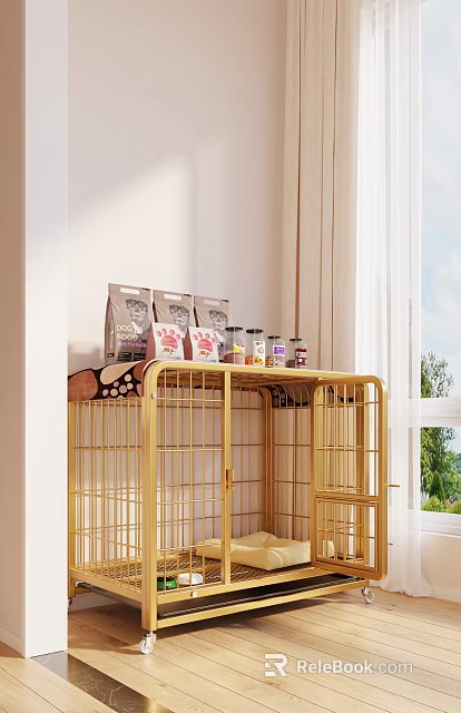 Gold Metal Shelf With Pet Food Bags And Jars By White Wall Window Green Trees 3d model 