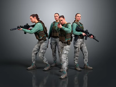 Group Of Women In Tactical Gear Holding Rifles Wearing Green Shirts And Camouflage Pants 3d model