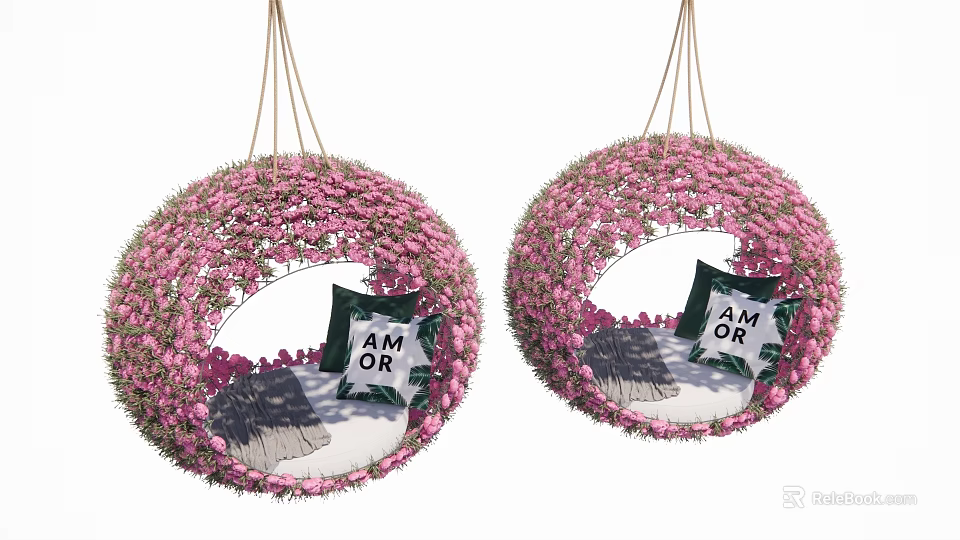 Decorative Hanging Basket Plants with Pink Flowers and AM OR Text Cushions Black White Checkered 3d model 