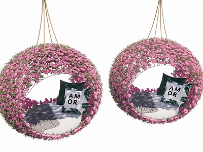 Decorative Hanging Basket Plants with Pink Flowers and AM OR Text Cushions Black White Checkered 3d model