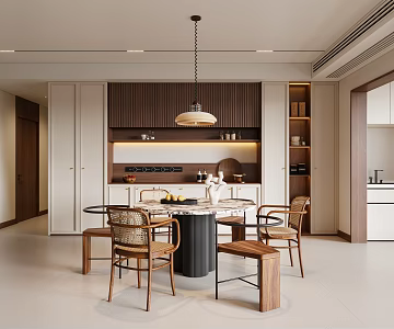 French Middle Style Restaurant Dining Table and Chair Chandelier Sideboard Wine Cabinet 3d model