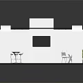 White Exhibition Booth Interior With TV Tables Chairs And Plant Design