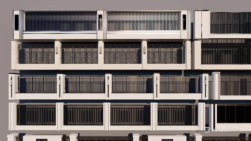 Modern Scenic Wall Design With Multi Layer Structure And Metal Grilles White Panels 3d model