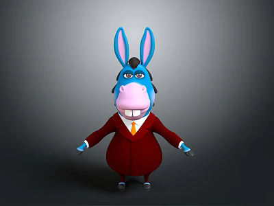 Blue Cartoon Donkey Character With Big Ears In Red Suit And Yellow Tie 3d model