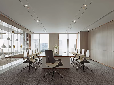 Modern Conference Room Interior With Long Meeting Table Large Windows And Natural Light 3d model