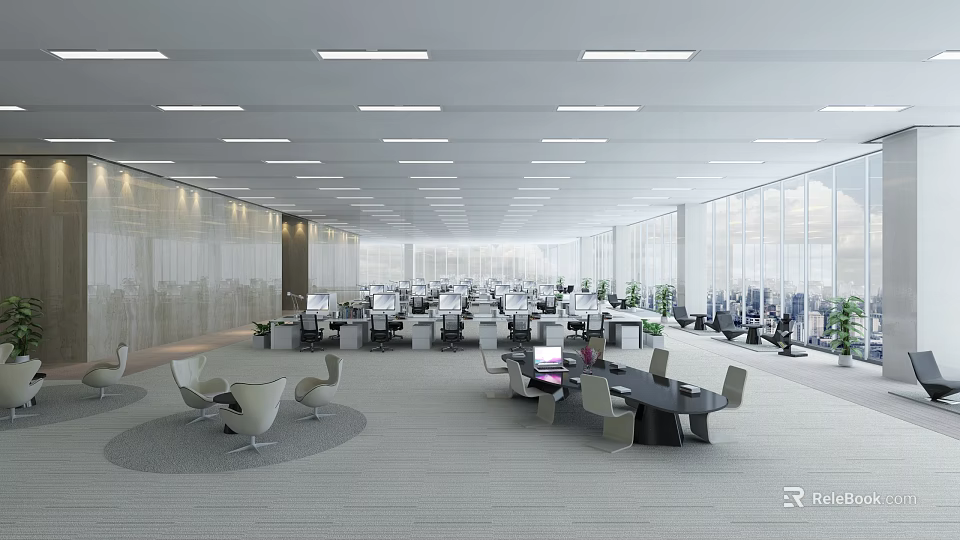 Modern Office Interior With Open Layout Desks Computers Bright Lighting Large Windows And Lounge Chairs 3d model 