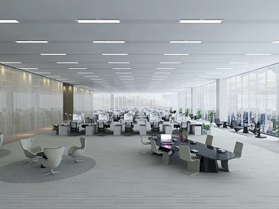 Modern Office Interior With Open Layout Desks Computers Bright Lighting Large Windows And Lounge Chairs 3d model
