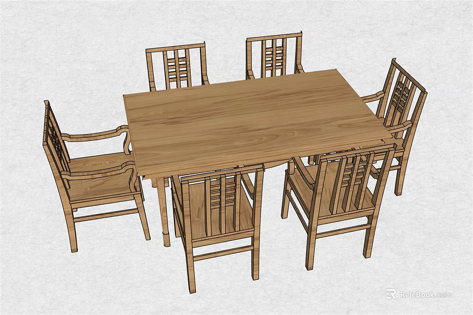 Simple Style Wooden Dining Table Set With Rectangular Top And Six Chairs 3d model