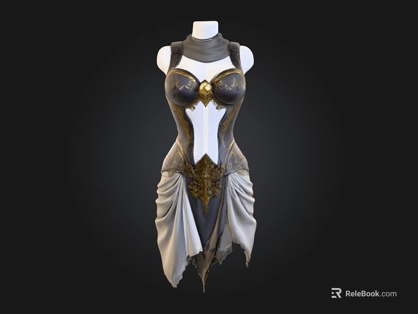Unique Black And White Dress With Gold Accents And Ruffled Asymmetrical Skirt 3d model 