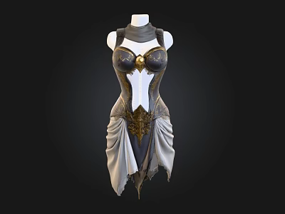 Unique Black And White Dress With Gold Accents And Ruffled Asymmetrical Skirt 3d model
