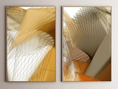 Two Abstract Paintings With Geometric Patterns Golden Brown White Tones In Golden Frames 3d model