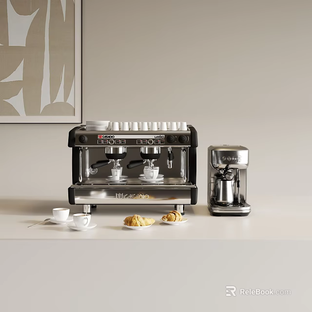 Modern Kitchen Appliances Featuring Espresso Machine Accessories Coffee Cups and Pastries 3d model 