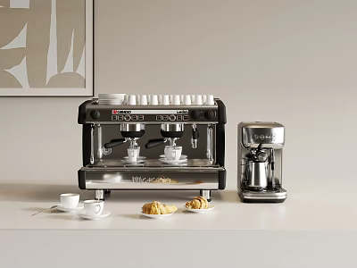 Modern Kitchen Appliances Featuring Espresso Machine Accessories Coffee Cups and Pastries 3d model
