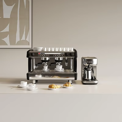 Modern Kitchen Appliances Featuring Espresso Machine Accessories Coffee Cups and Pastries 3d model