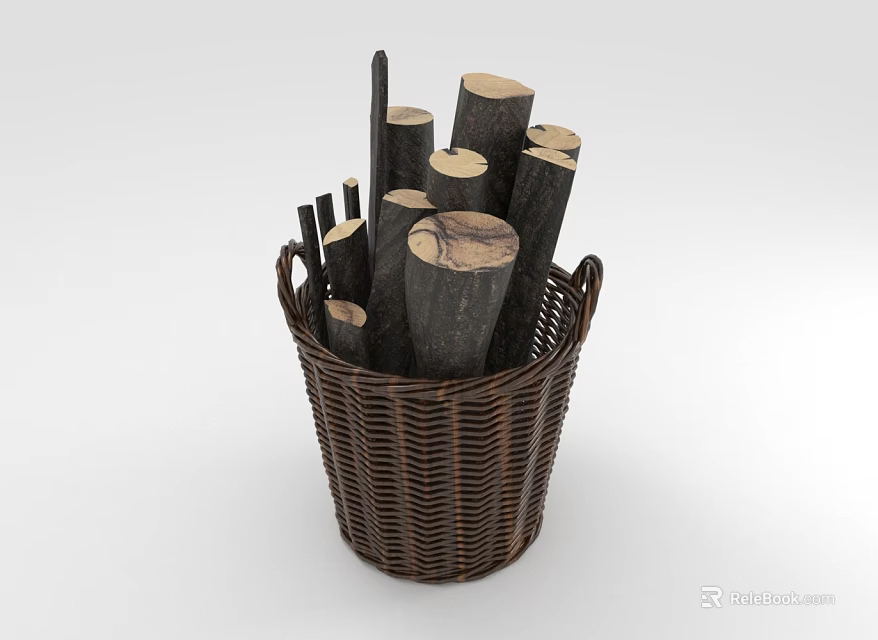 Natural Wicker Basket Filled With Stacked Firewood Logs For Indoor Home Decor 3d model 