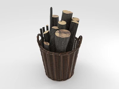 Natural Wicker Basket Filled With Stacked Firewood Logs For Indoor Home Decor 3d model