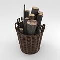 Natural Wicker Basket Filled With Stacked Firewood Logs For Indoor Home Decor