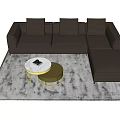 Dark Colored L shaped Sectional Sofa With White Gold Coffee Table And Light Patterned Rug 3d model