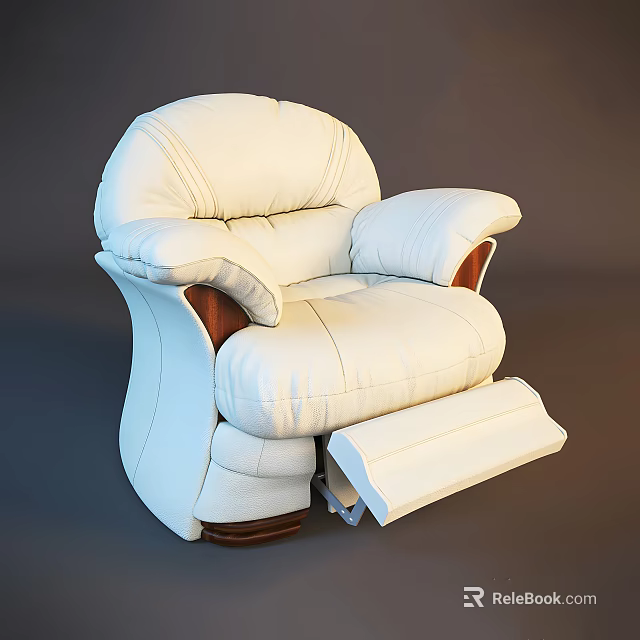 White Leather Recliner Chair Cozy Padded Design With Footrest Armrests And Wooden Accents 3d model 