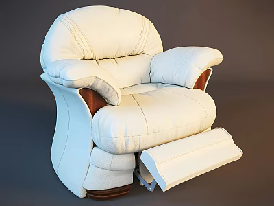 White Leather Recliner Chair Cozy Padded Design With Footrest Armrests And Wooden Accents 3d model