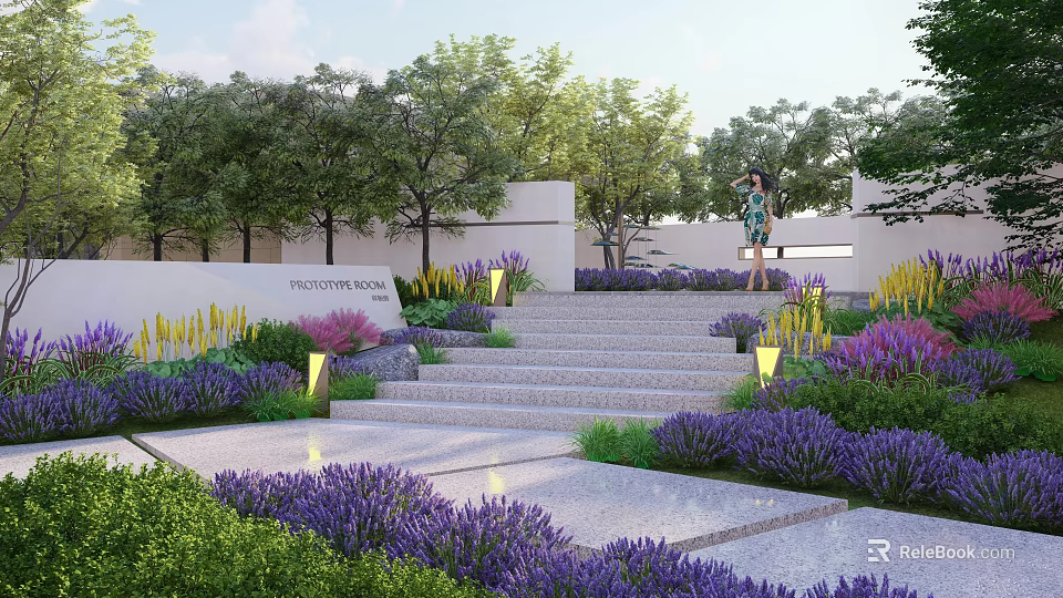 Garden Landscape Design With Stone Steps Lavender Plants Trees And Pathway Lights 3d model 