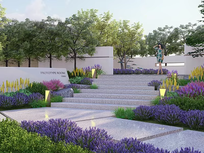 Garden Landscape Design With Stone Steps Lavender Plants Trees And Pathway Lights 3d model
