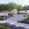 Garden Landscape Design With Stone Steps Lavender Plants Trees And Pathway Lights